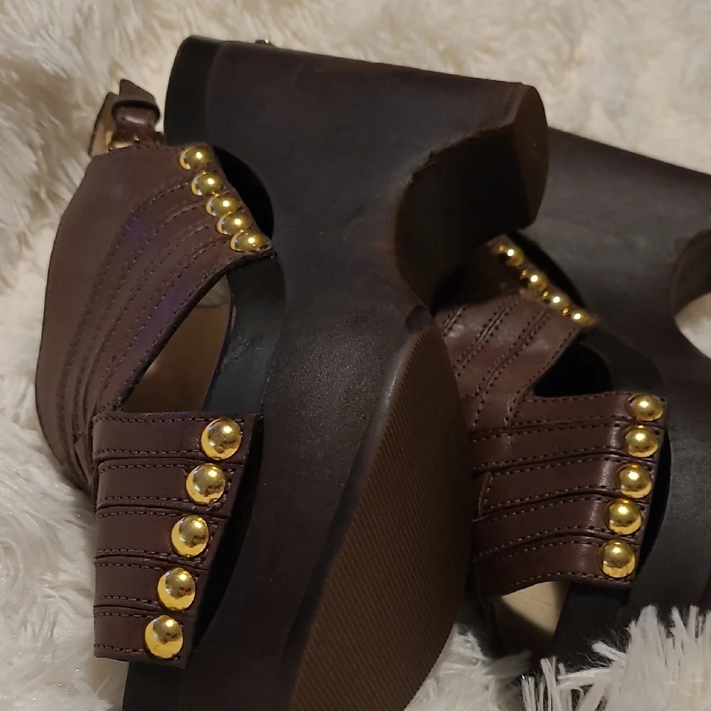 Michael Kors Chocolate Brown Wedges with Gold Accents